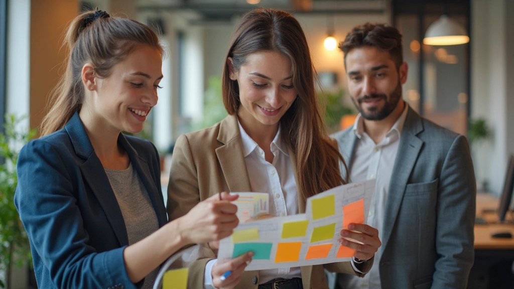 Professioneel team voert brainstormingssessie uit met kleurrijke notities en prototypen