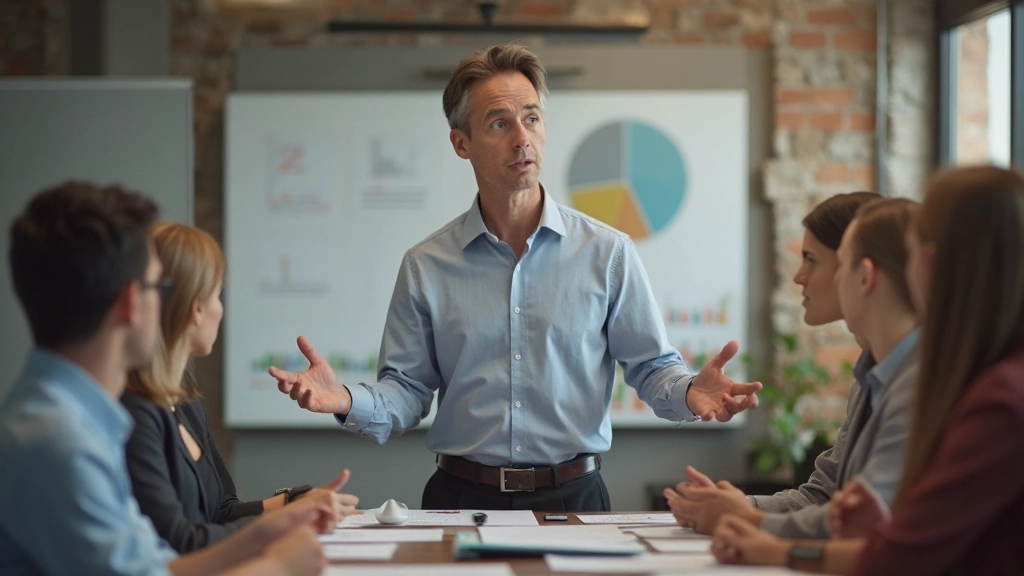 Professionele trainer geeft innovatieworkshop aan diverse teamleden in modern kantoor